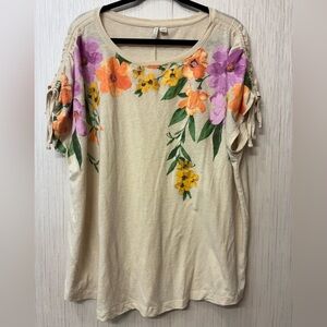 Cato Floral Linen‎ Blend Top Size 26/28W Draw String Detail Sleeve